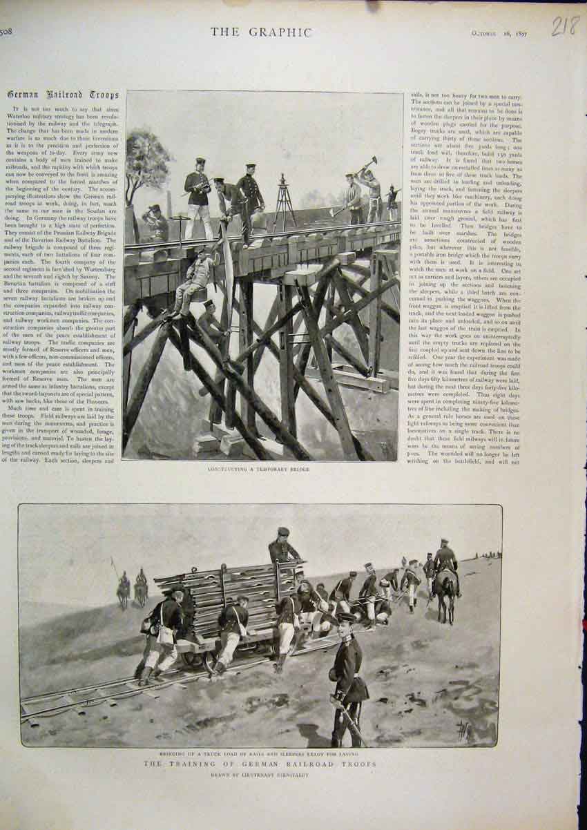 Original Old Antique Print 1897 Training German Railroad Troops Sleepers Bridge