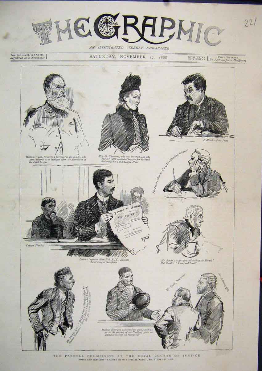 Original Old Antique Print 1888 Parnell Commission Royal Court Justice Walsh