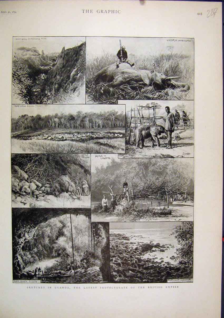 Original Old Antique Print Sketches Uganda Protectorate British Empire 1894 Cave