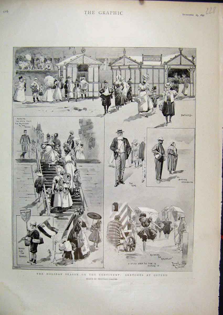 Old Antique Print 1897 Holiday Season Continent Ostend Bathers King Beach 19th