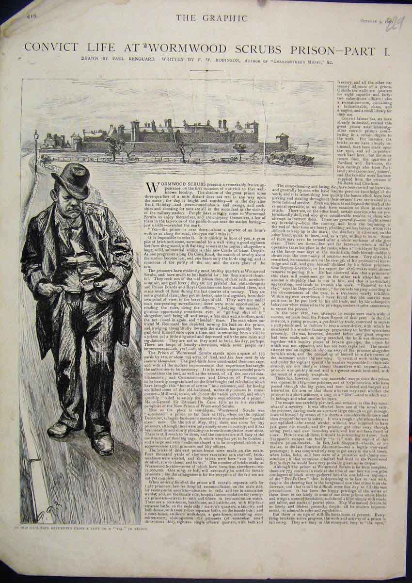 Original Old Antique Print 1889 Convict Life Wormwood Scrubs Goal Bird Visiting