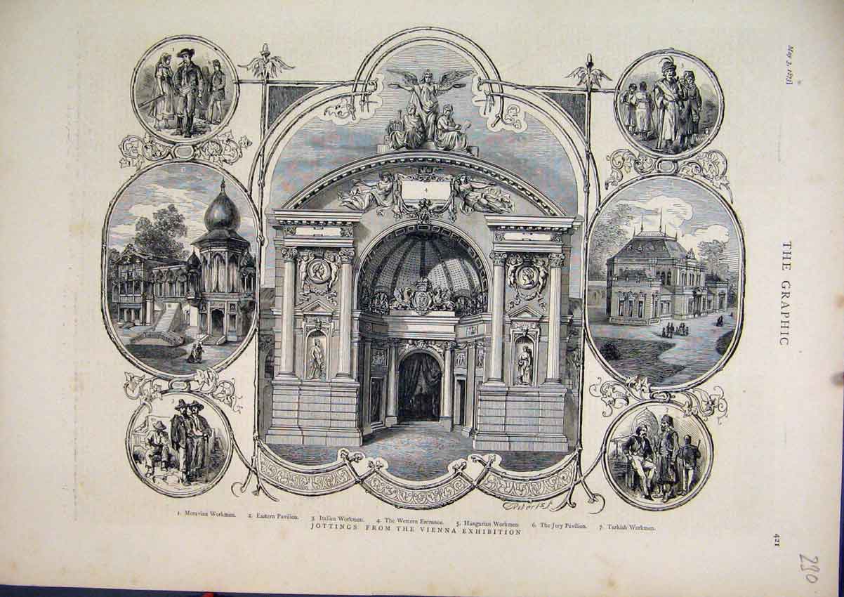 Original Old Antique Print 1873 Vienna Exhibition Moravian Workmen Pavilion Jury