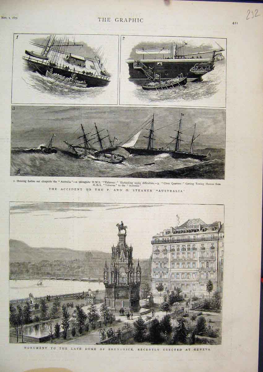 Old Antique Print 1879 Monument Duke Brunswick Geneva Accident Australia 19th