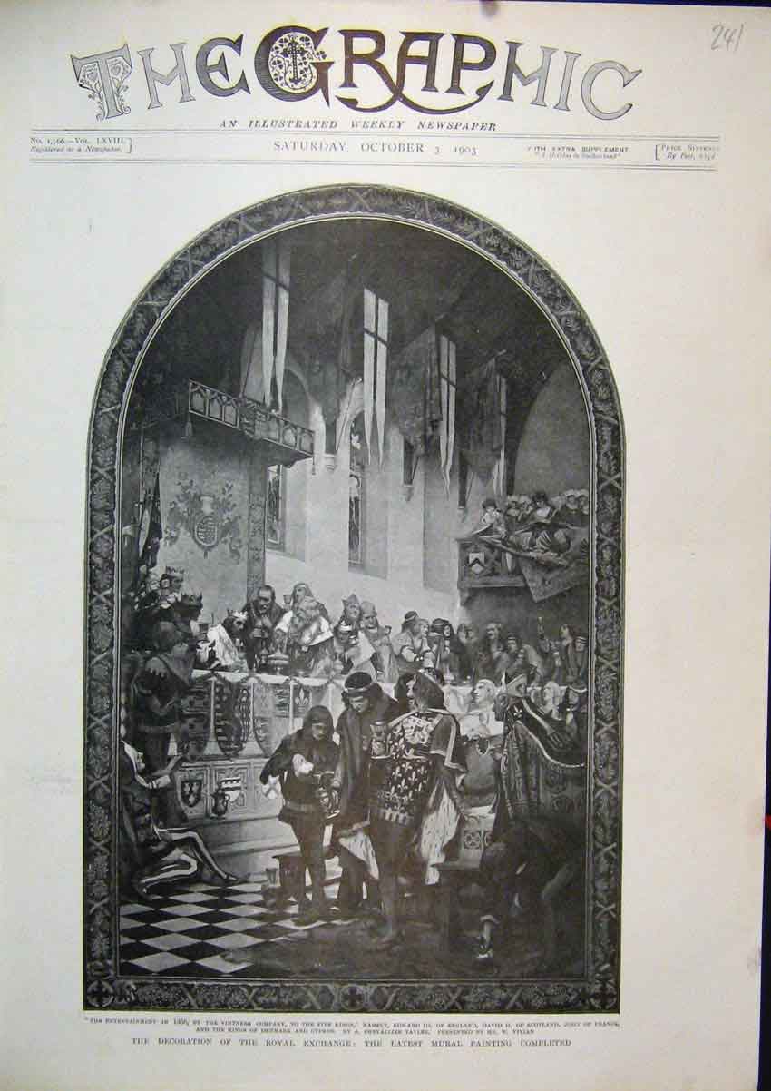 Old Antique Print 1903 Decoration Royal Exchange Mural Painting Painting 20th
