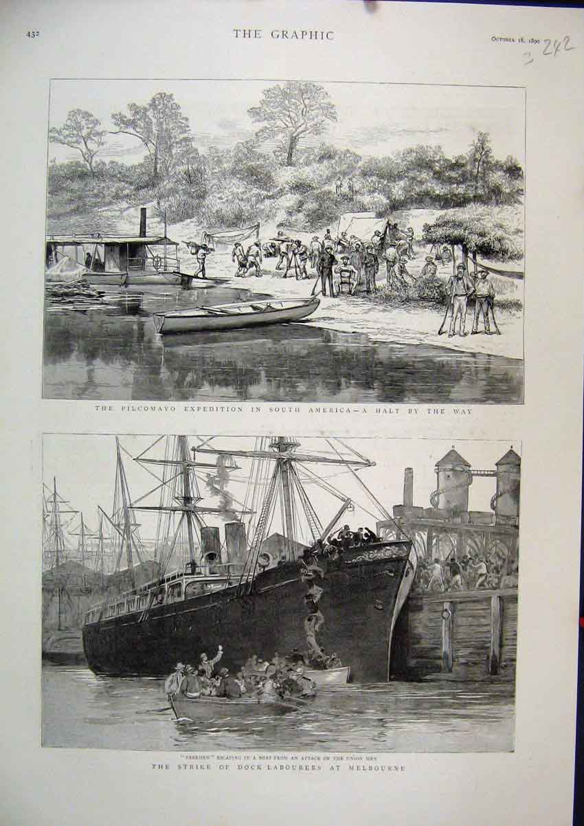 Old Antique Print 1890 Strike Dock Labourers Melbourne Pilcamayo America 19th