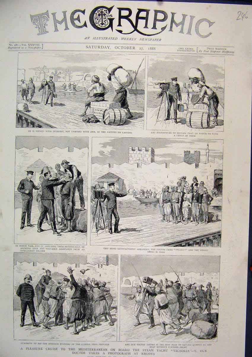 Old Antique Print 1888 Pleasure Cruise Mediterranean Steam Yacht Victoria 19th