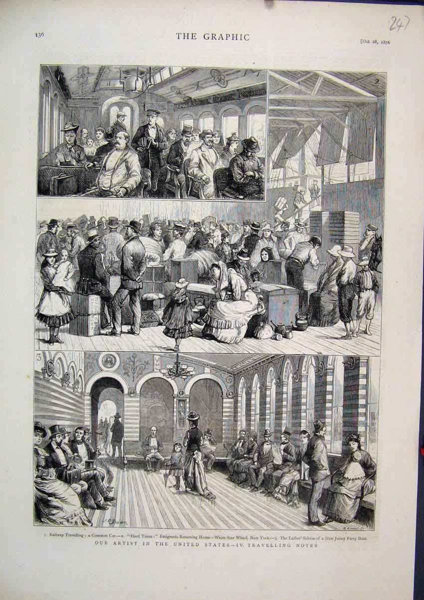 Original Old Antique Print America Railway Travelling 1876 Emigrants Ferry Boat