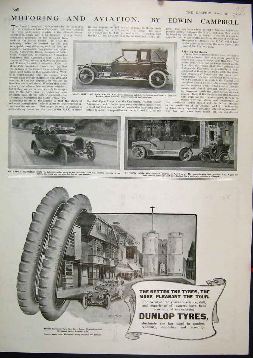 Original Old Antique Print Advert 1911 Dunlop Tyres Motor Car Cabriolet Argyll