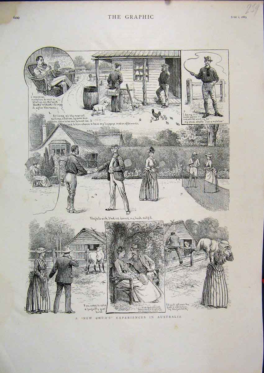 Old Antique Print 1889 Australia Tennis Horse Whip Reading Comedy Sketch 19th