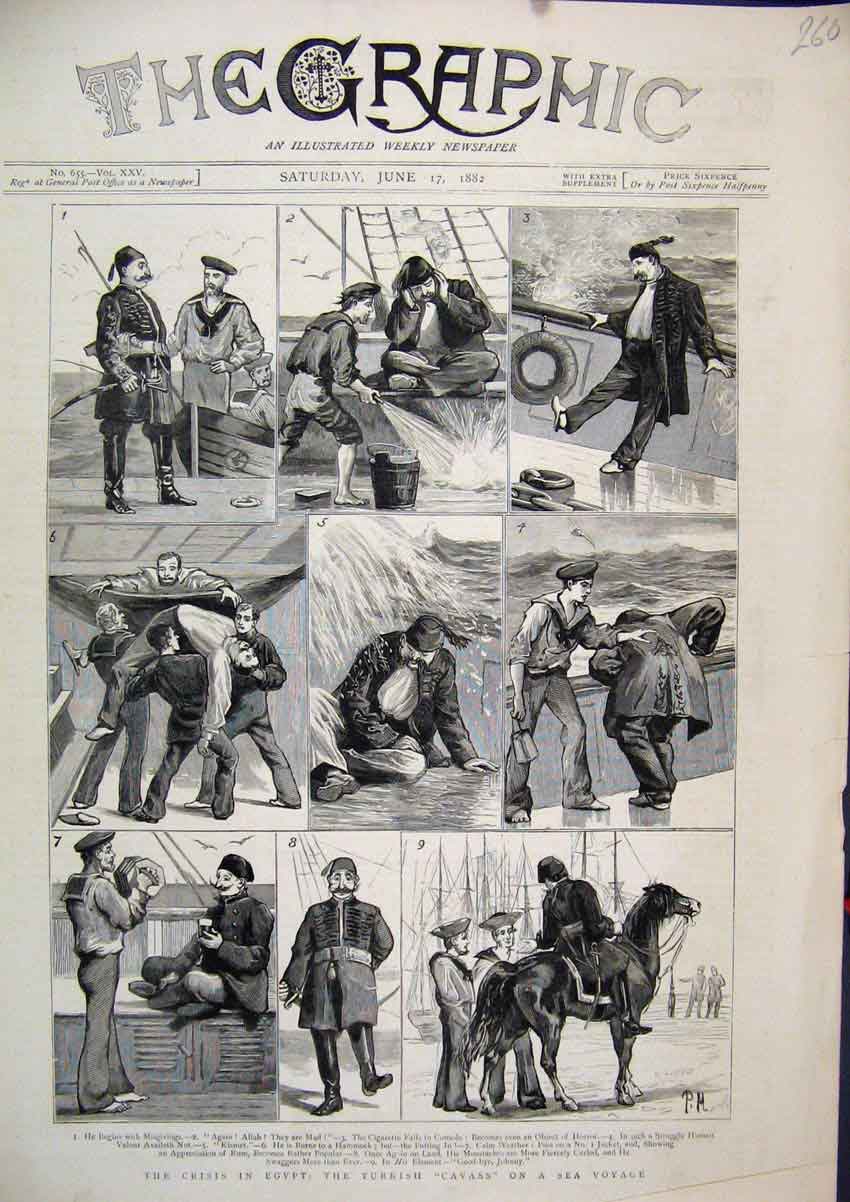 Old Antique Print 1882 Crisis Egypt Turkish Cavass Sea Voyage Horse Music 19th