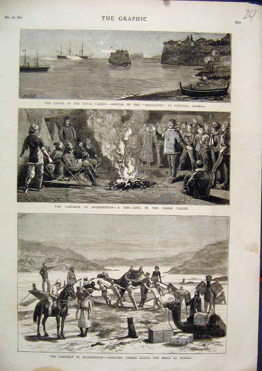 Original Old Antique Print 1879 Afghanistan Cruise Royal Cadets Funchal Camels