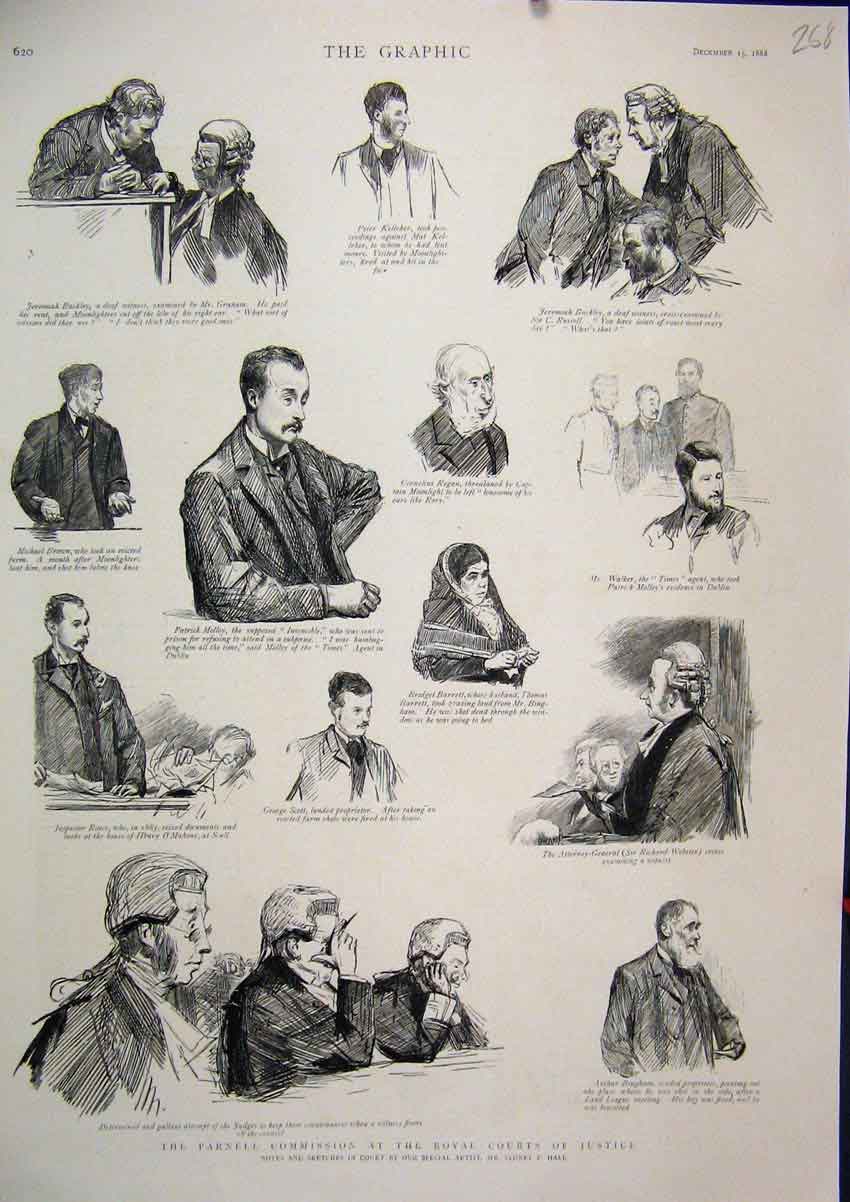 Original Old Antique Print 1888 Parnell Commission Royal Court Justice Witness