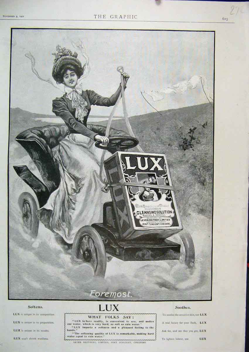 Original Old Antique Print 1901 Advert Lux Cleansing Solution Woman Motor Car