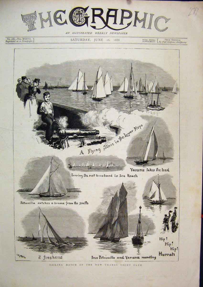 Original Old Antique Print 1888 Sailing Match New Thames Yacht Club Petronilla