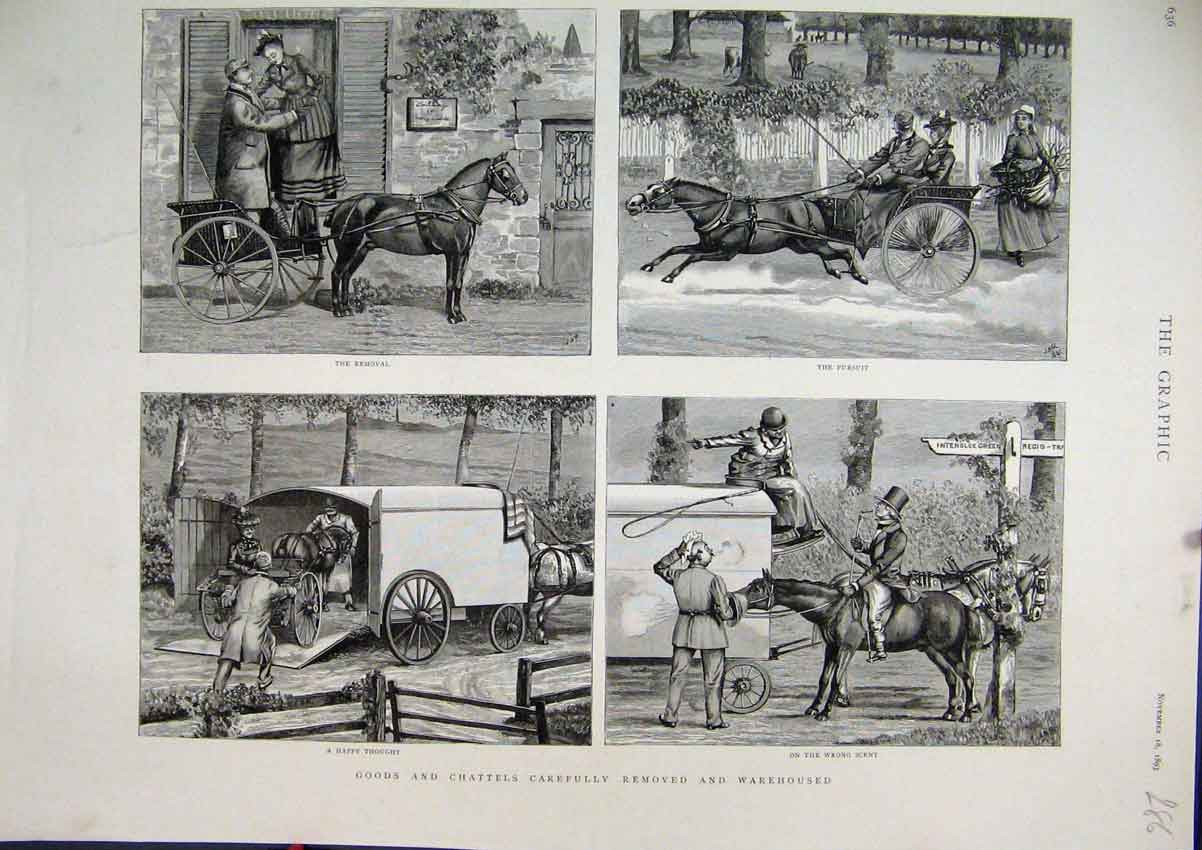 Original Old Antique Print Goods Chattels Removal 1893 Horse Carriage Chasing