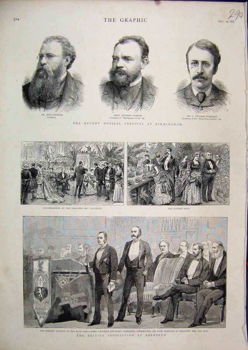 Original Old Antique Print British Association Aberdeen 1885 Flower Art Musical