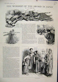 Original Old Antique Print Worship Sword Japan 1888 Shrill Herald Audience Sport