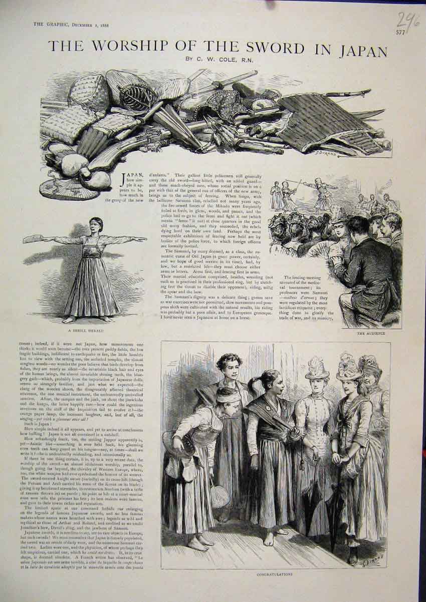 Original Old Antique Print Worship Sword Japan 1888 Shrill Herald Audience Sport