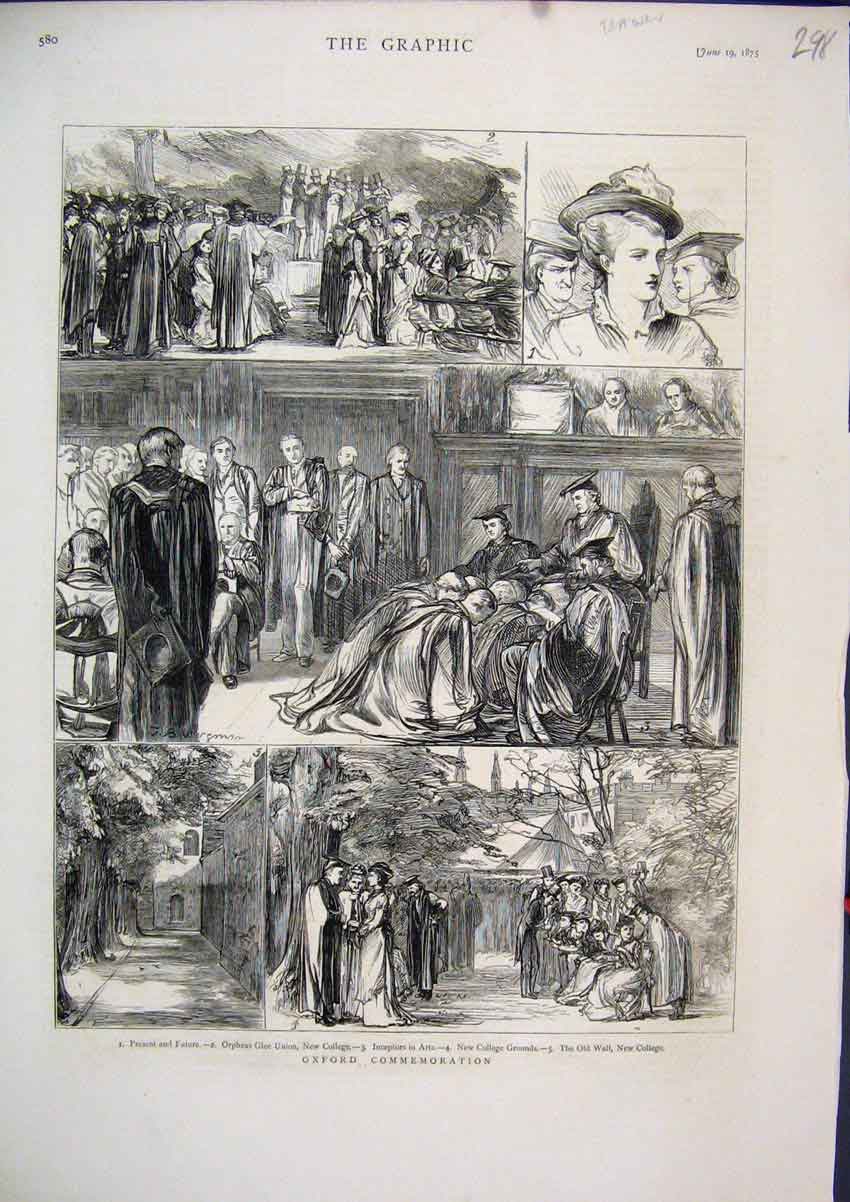 Original Old Antique Print 1875 Oxford Commemoration Orpheus Glee Union College