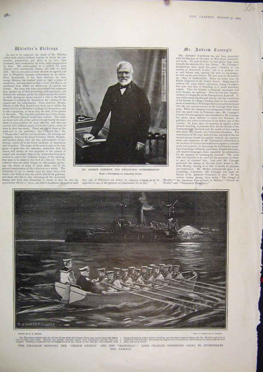 Original Old Antique Print 1903 Andrew Carnegie Collosion Prince George Hannibal