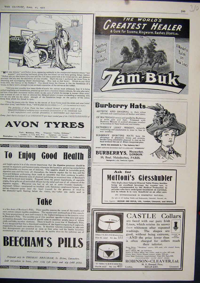 Original Old Antique Print 1911 Advert Beecham Pills Burbery Hats Avon Tyres