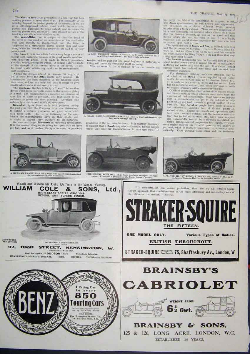 Old Antique Print 1911 Advert Cabriolet Motor Car Benz Willaim Cole Rover 20th