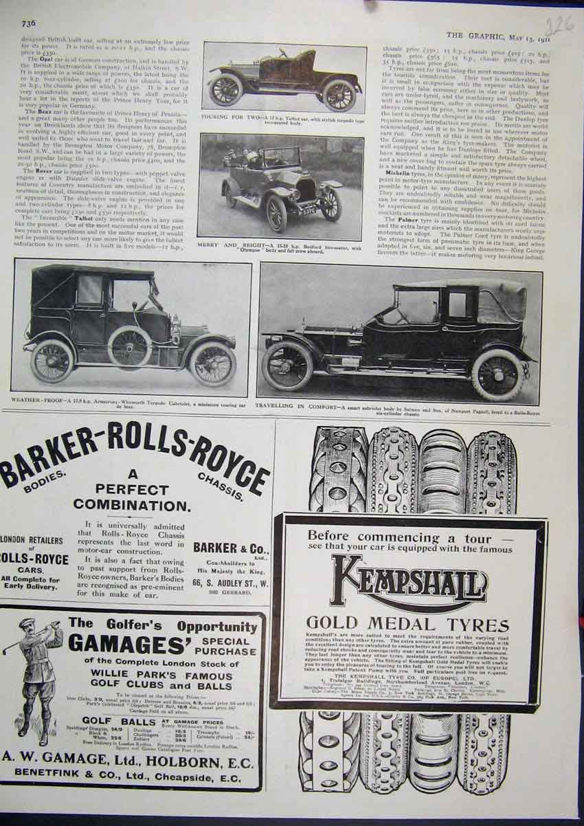 Original Old Antique Print 1911 Advert Kempshail Car Tyres Gamage Holburn Golf