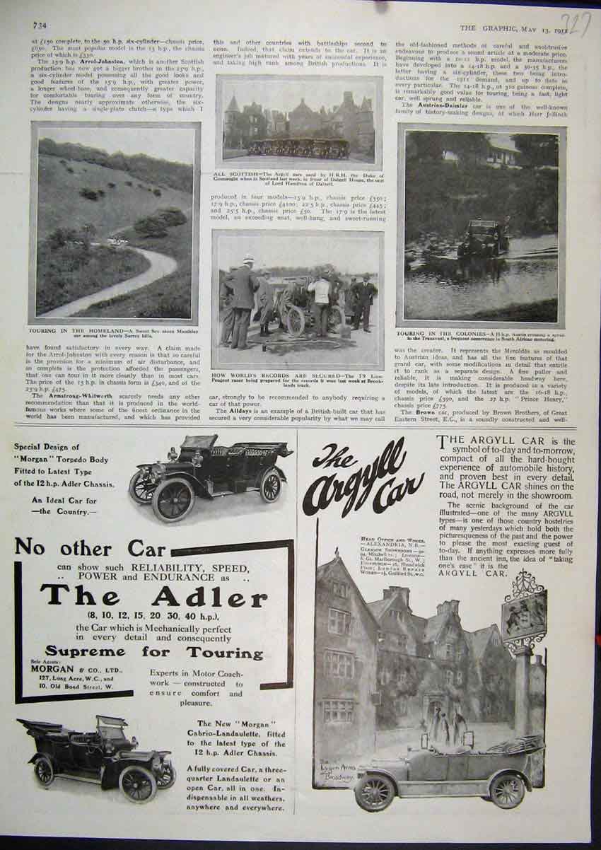 Old Antique Print Advert 1911 Argyll Car Alder Morgan Surrey Hill Peugeot 20th
