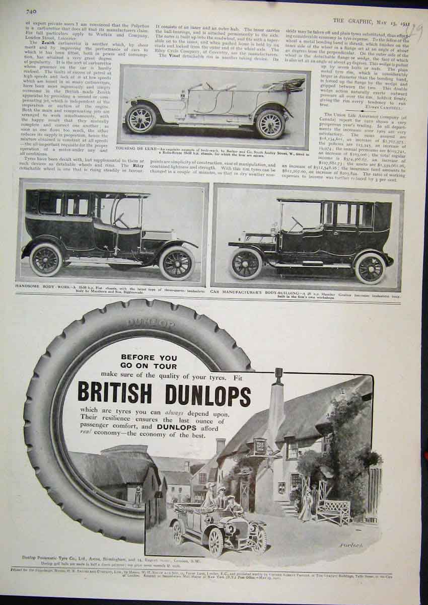 Original Old Antique Print 1911 Advert British Dunlop Tyres Fiat Humber Grafton