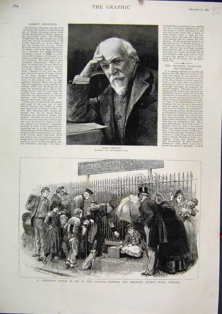 Old Antique Print 1889 Portrait Robert Browning Victoria Hospital Chelsea 19th