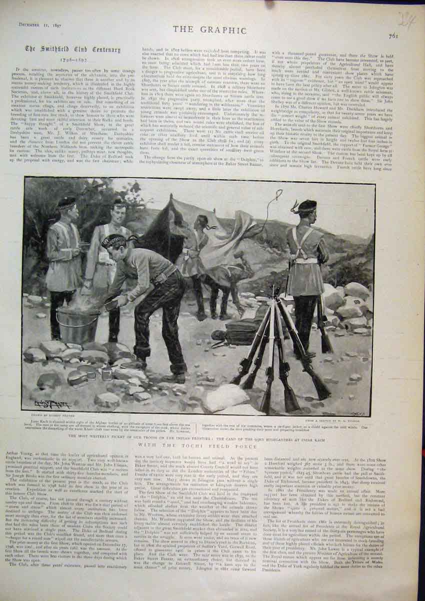 Original Old Antique Print 1897 Picket Troops Indian Frontier Camp Highlanders