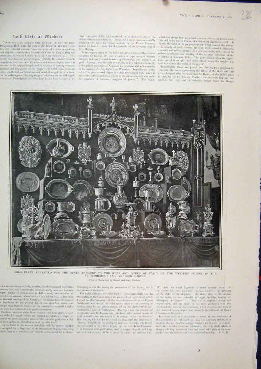 Original Old Antique Print 1903 GPlate State Banquet King Italy Windsor Castle