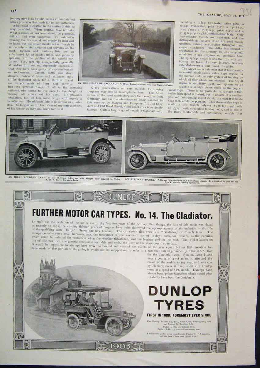 Original Old Antique Print 1913 Advert Dunlop Motor Tyres Gladiator Rover Adler