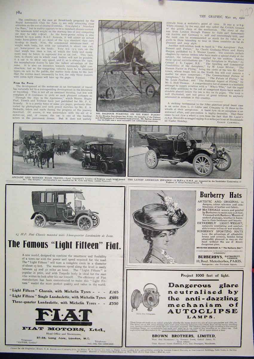 Original Old Antique Print 1911 Advert Burberry Hats Fiat Motors Autoclipse Lamp