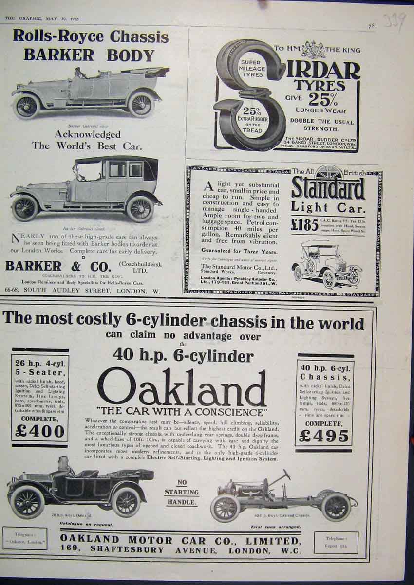 Old Antique Print 1913 Advert Oakland Best Motor Car Sirdar Tyres Barker 20th