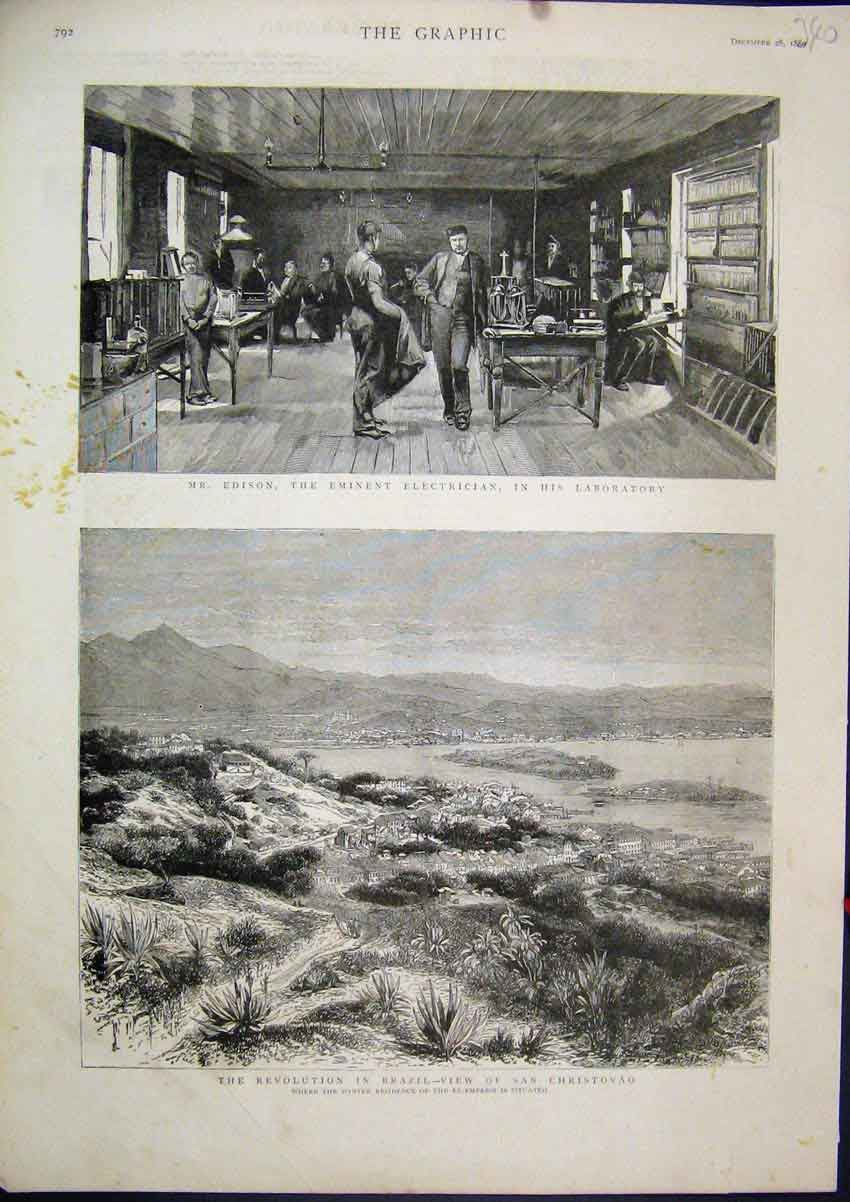 Original Old Antique Print 1889 Revolution Brazil Christovao Edison Electrician