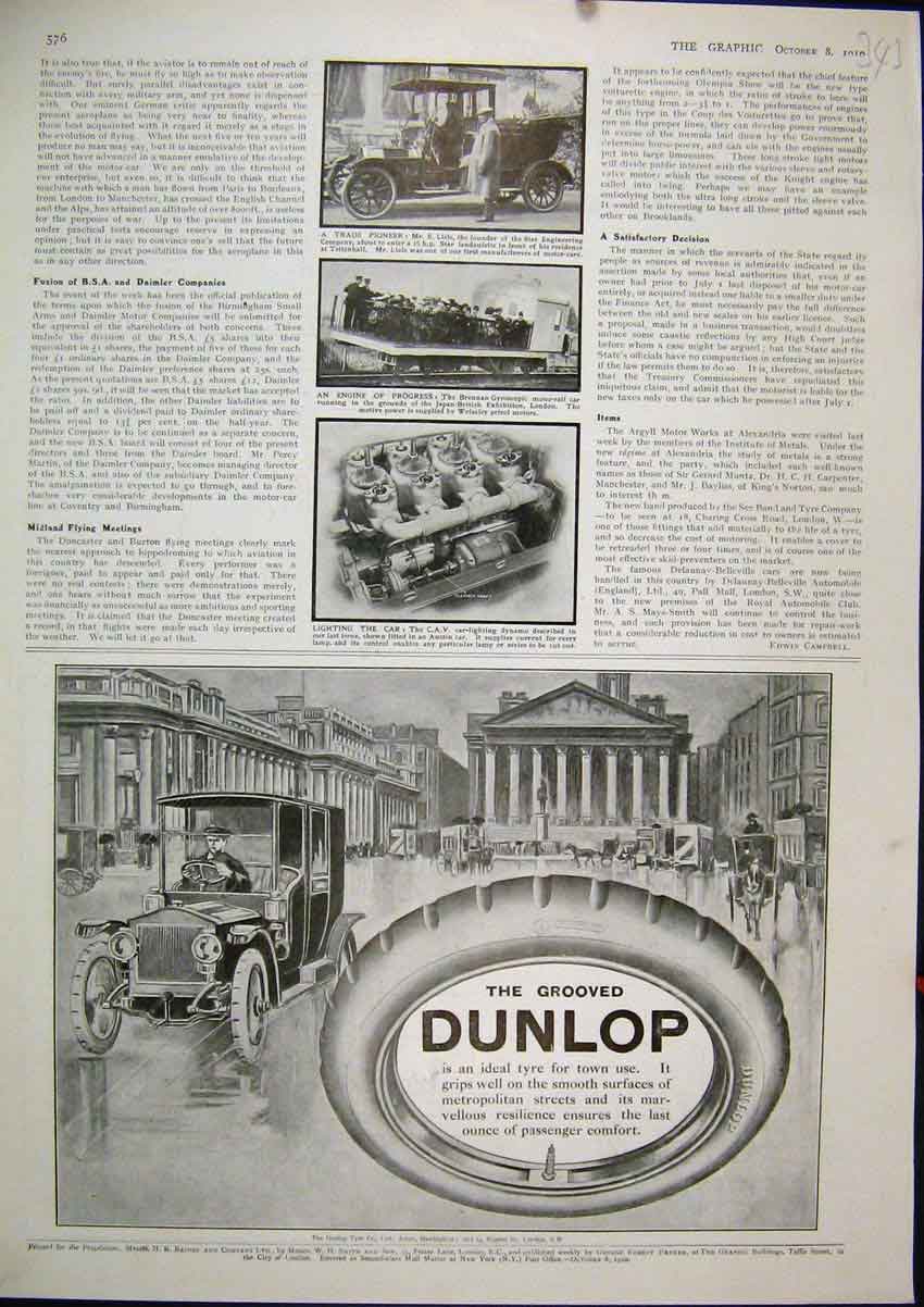 Original Old Antique Print 1910 Advert Dunlop Grooved Tyres Motor Car Daimler