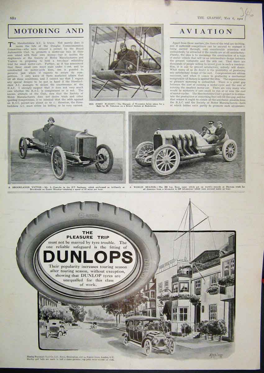 Old Antique Print 1911 Advert Dunlop Tyres Motor Car Bristol Biplane Benz 20th