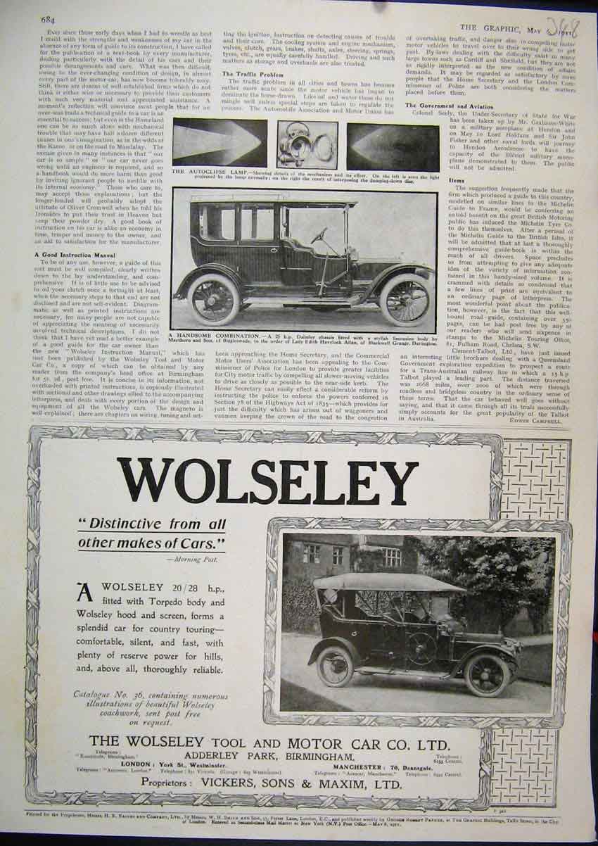 Original Old Antique Print Advert Wolseley Motor Car 1911 Daimler Limousine Lamp