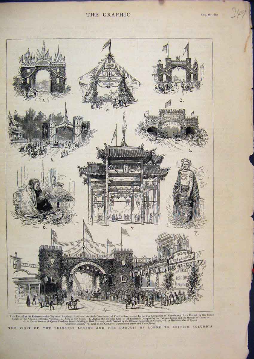 Original Old Antique Print 1882 Princess Louise Marquis Lorne British Columbia
