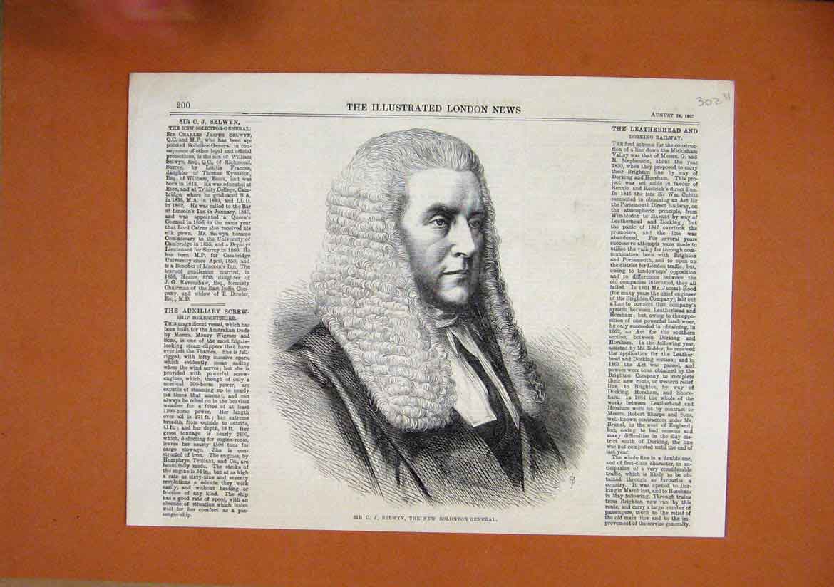 Original Old Antique Print 1867 Portrait Selwyn New Solicitor General Judge Wig