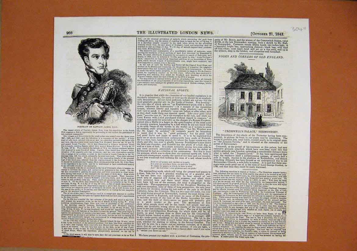 Old Antique Print 1843 Cromwells Palace Bermondsey Portrait Captain James 19th