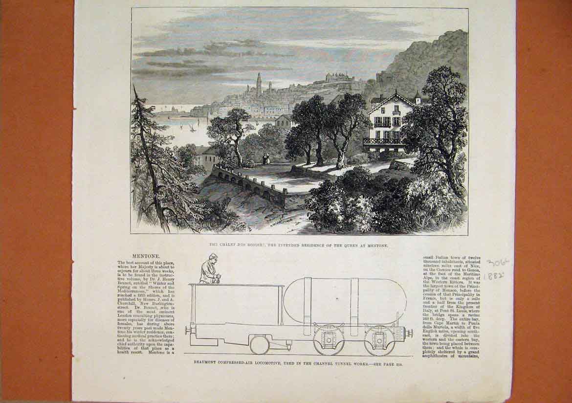 Old Antique Print 1882 Chalet Rosiers Mentone Beaumont Locomotive Train 19th