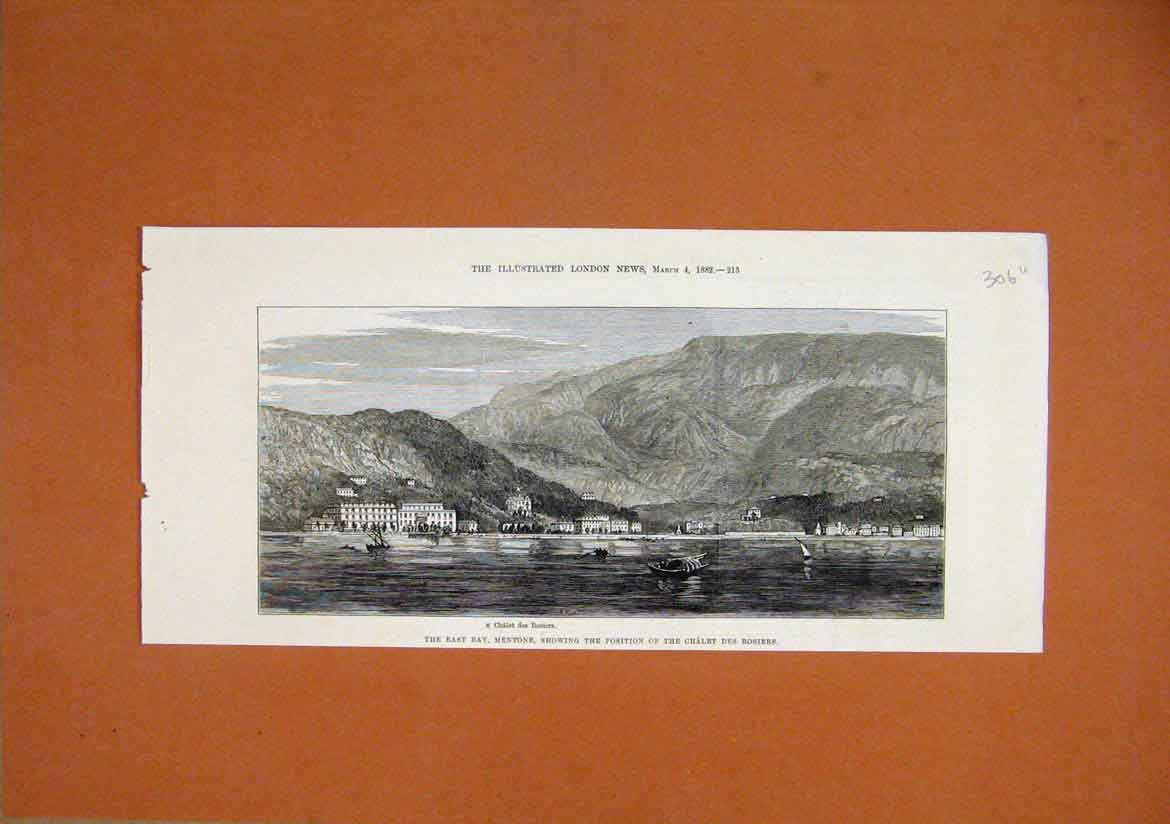 Original Old Antique Print 1882 East Bay Mentone Chalet Des Rosiers Mountains