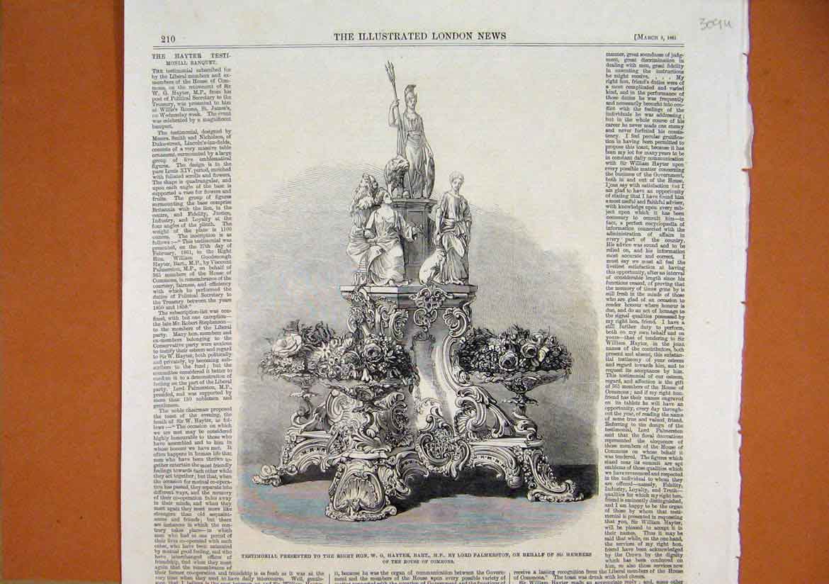 Old Antique Print 1861 Testimonial Trophy Hayter Bart Palmerston Commons 19th