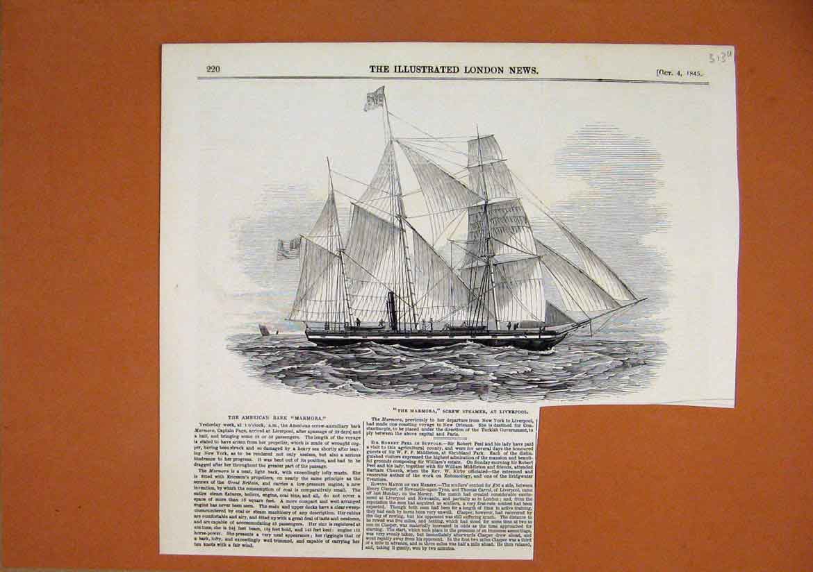 Original Old Antique Print 1845 American Bark Marmora Screw Steamer Liverpool