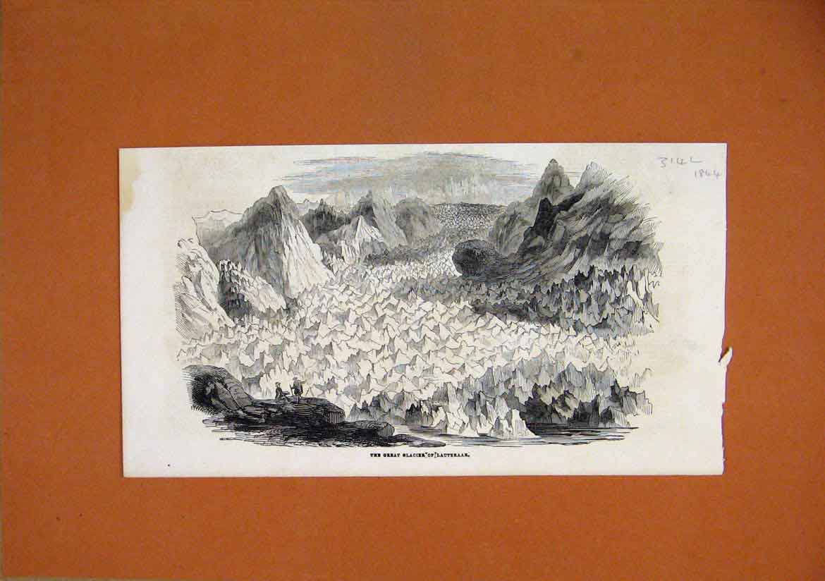 Original Old Antique Print 1844 Great Glacier Lauteraar Ice Mountain Victorian