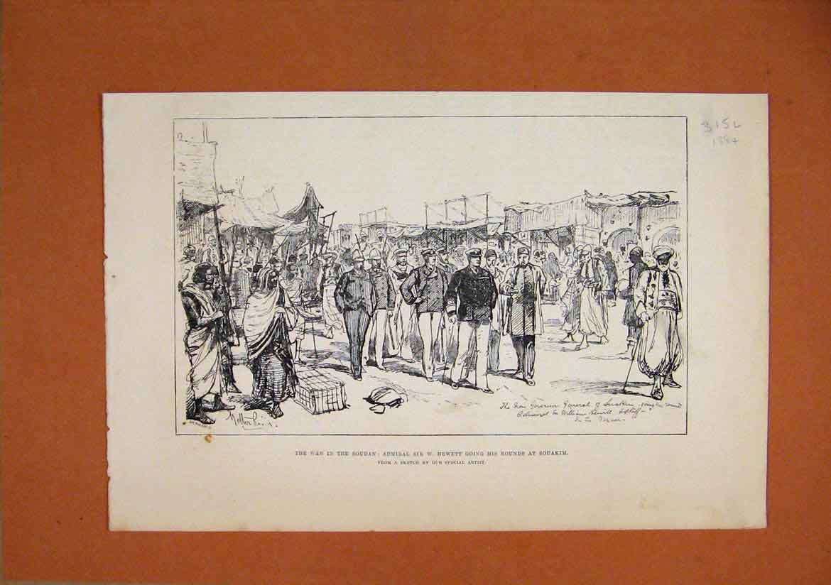 Old Antique Print War Soudan Admiral Hewett Walking Souakim 1884 Sketch 19th