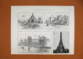Original Old Antique Print 1889 Pavilion Ville Paris Eiffel Tower Ministry War