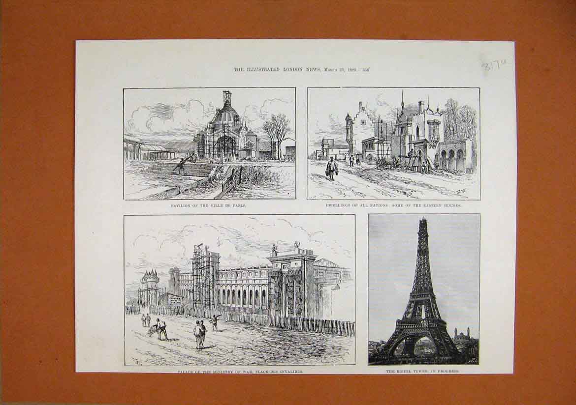 Original Old Antique Print 1889 Pavilion Ville Paris Eiffel Tower Ministry War